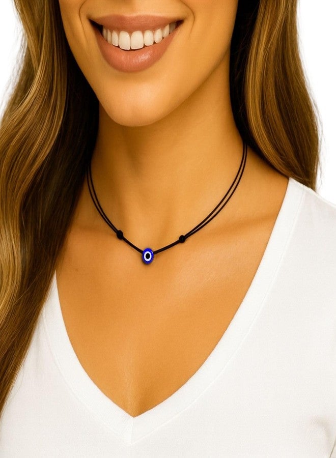 Luck Strings Adjustable Evil Eye Choker Necklace - Handmade Protection Talisman with Blue Turkish Glass Bead | Red & Black Nylon Cord for Men, Women & Teens (black) - Image 1